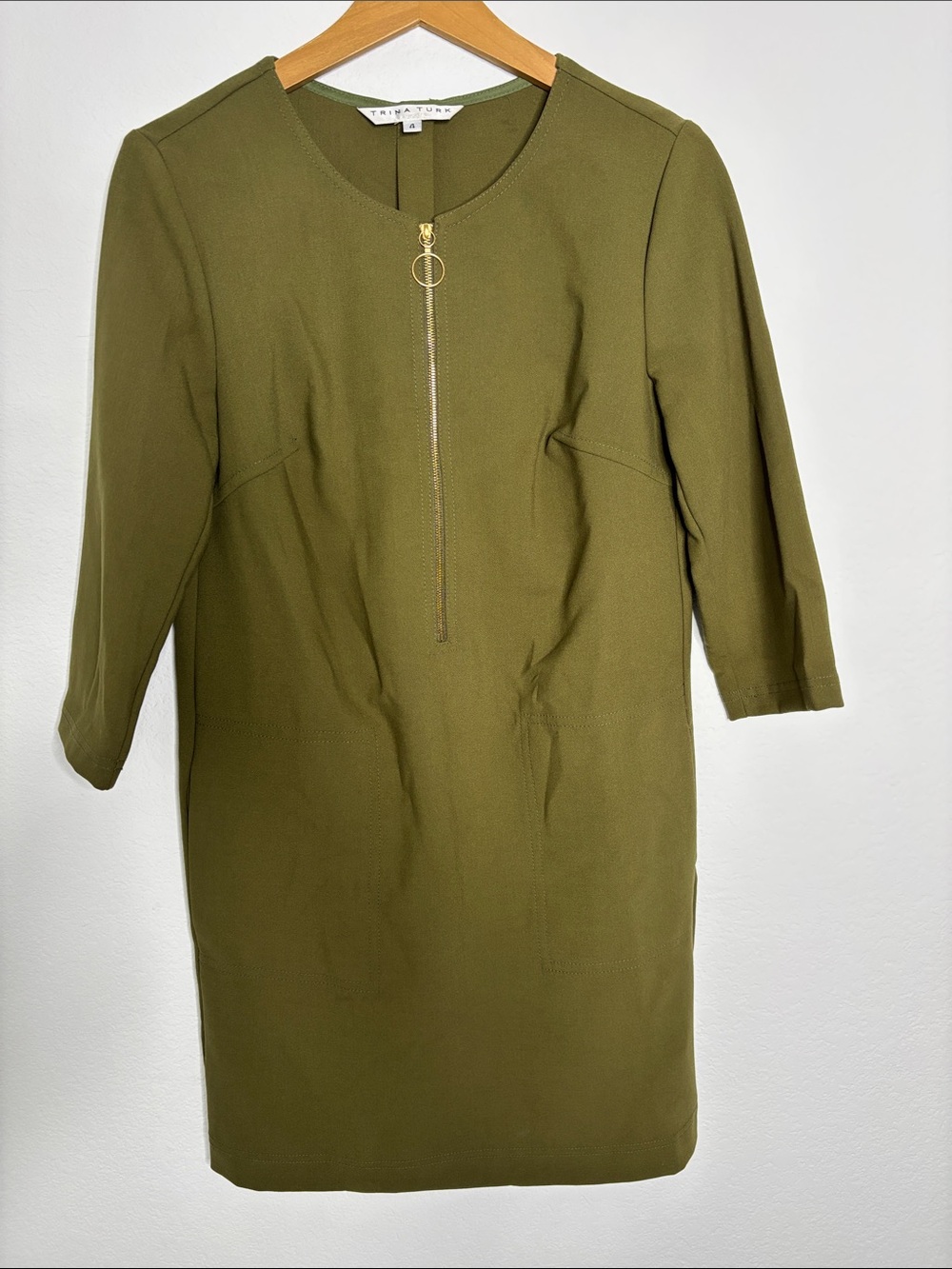 Trina Turk Versed Shift Mini Dress Olive Green Loden Gold Zip 4